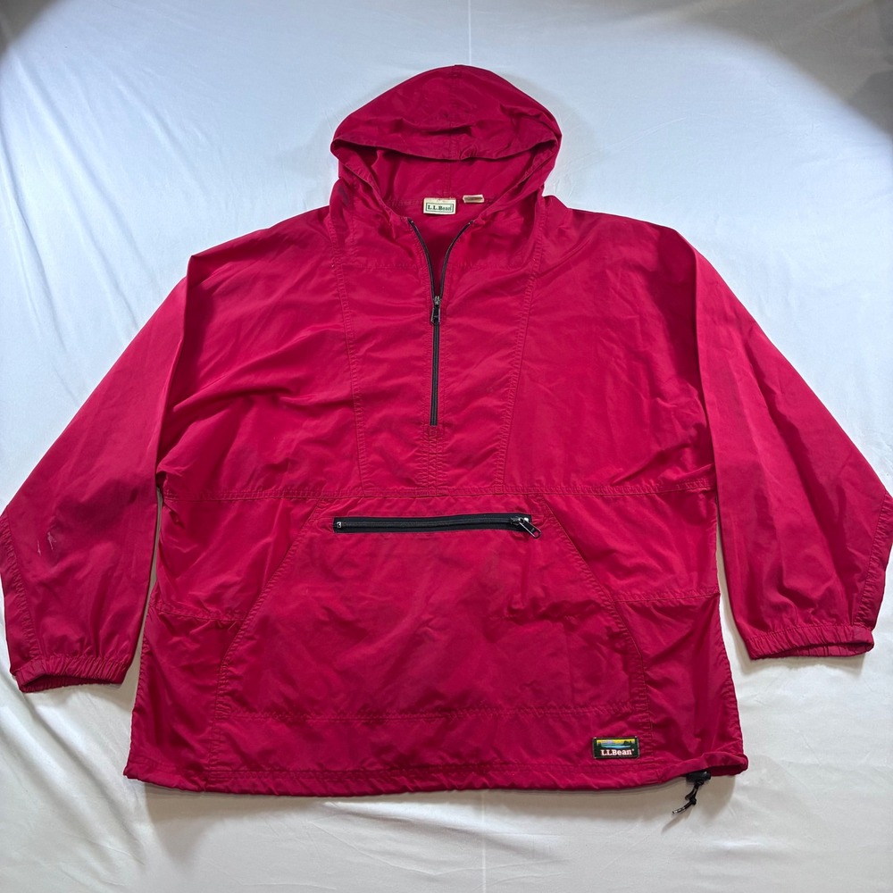 VTG LL Bean Womens Large Red Nylon Anorak Hooded Windbreaker Jacket Half Zip